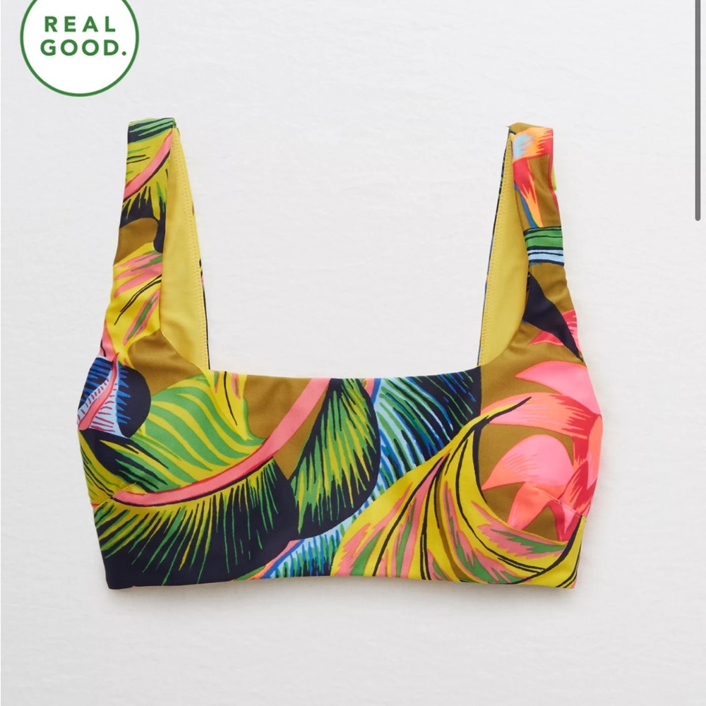Aerie Wide Strap Scoop Neck Bathing Suit Top Tropical Print Heirloom Bikini S